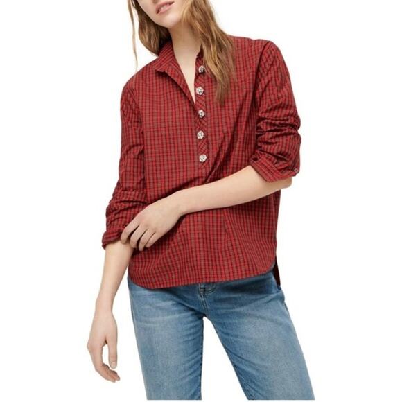 [J. Crew] Red Black Tartan Plaid Jeweled Button Popover Tunic Blouse Size 20 - Picture 1 of 11